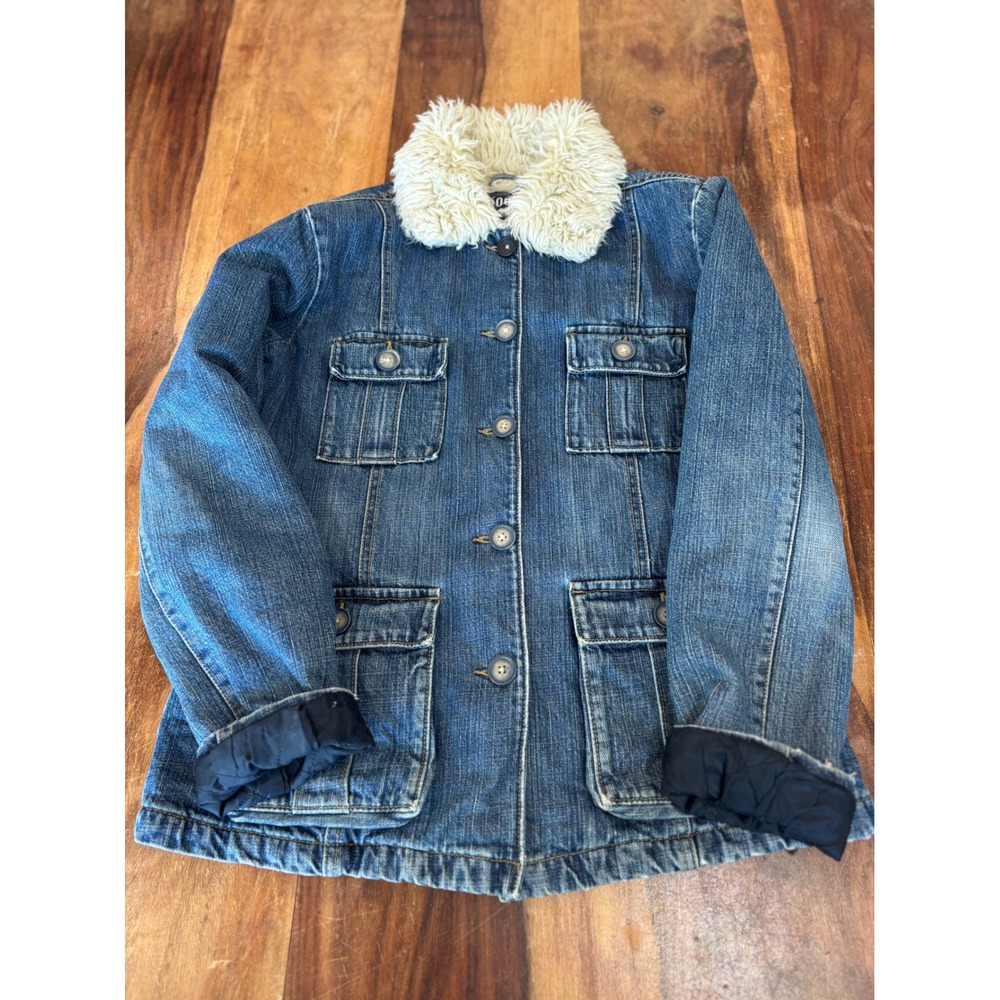 Y2K ROOTS denim jean jacket women sz M blue faux fur collar trucker coat vintage